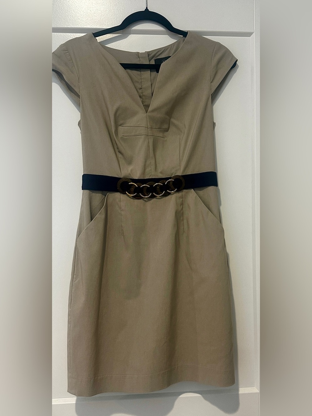 Adrienne Papell  Khaki Cap-Sleeve  Dress with Black Belt